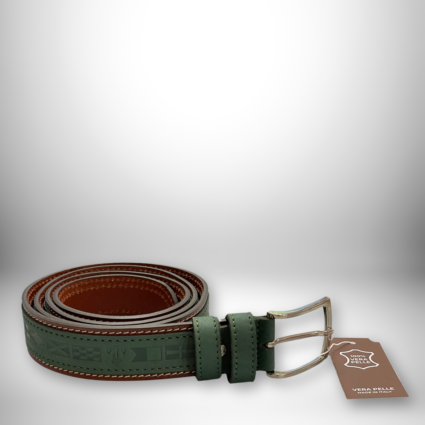 CINTURA PELLE UOMO STILE MARINO VERDE PETROLIO/CUOIO 125 CM