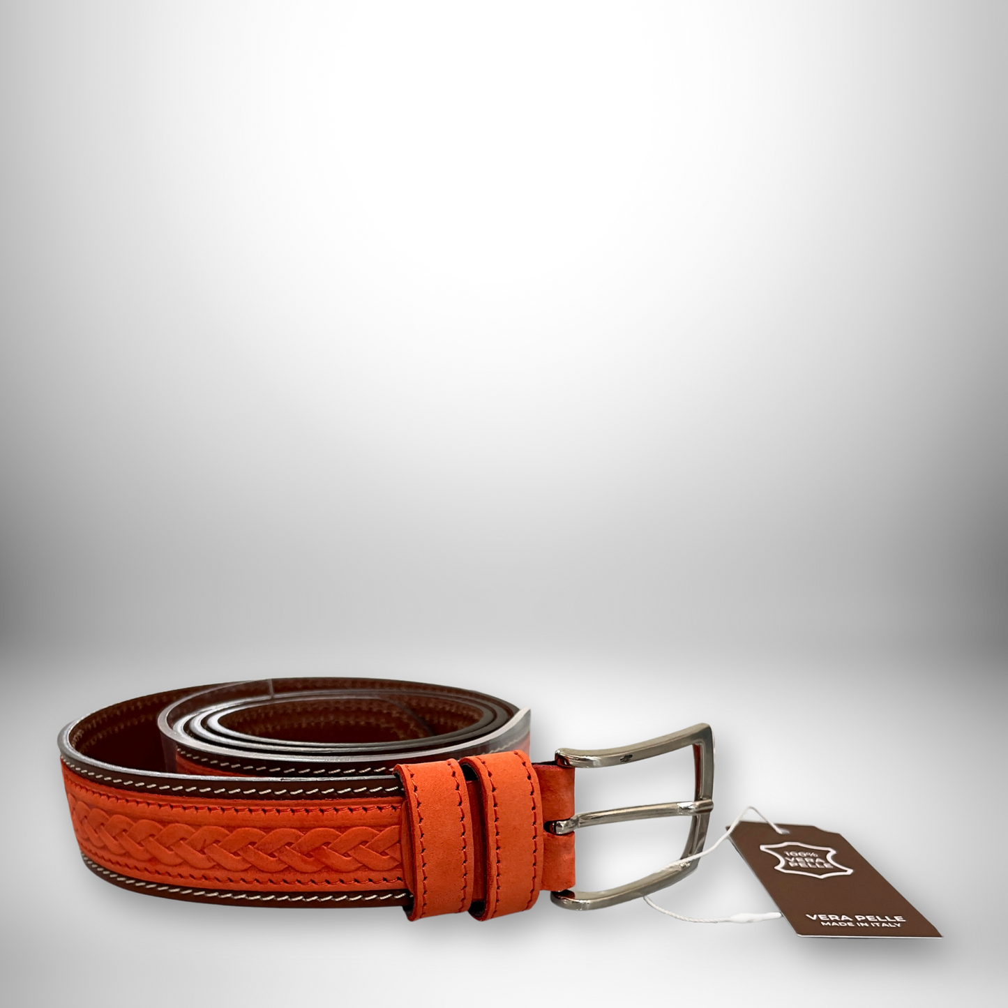 CINTURA PELLE UOMO STILE INTRECCIO CORALLO/MARRONE 125 CM