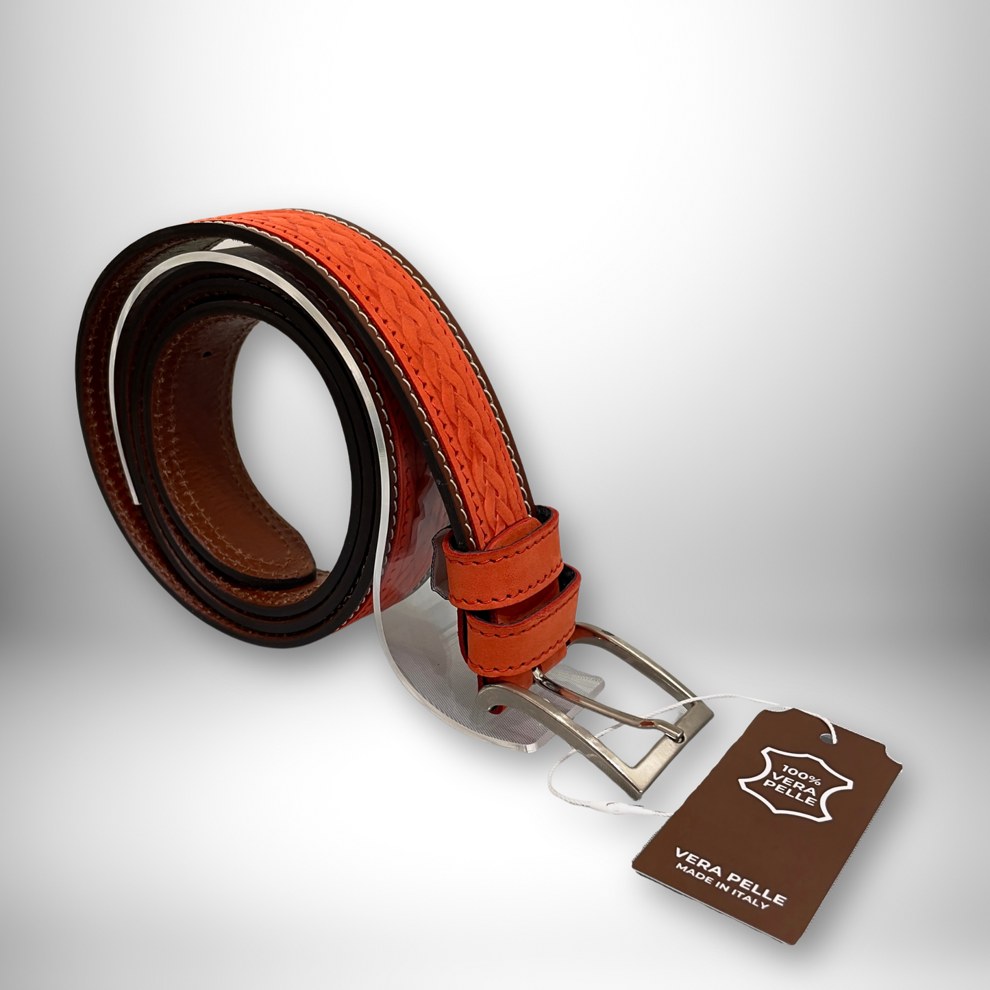 CINTURA PELLE UOMO STILE INTRECCIO CORALLO/MARRONE 125 CM